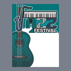 Jazz music festival, poster background template. Keyboard with music notes. Flyer Vector design