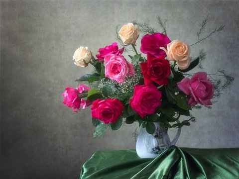 Still life with bouquet of garden roses