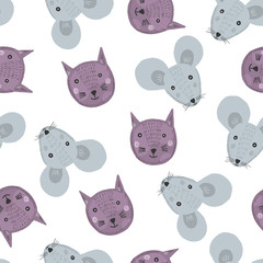 Cute cartoon seamless pattern with gray mice and purple cats heads on white background. Funny hand drawn texture with pets for kids design, wallpaper, textile, wrapping paper