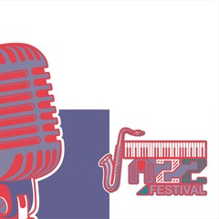 Vector poster for a live music festival with a microphone, acoustic guitar and inscription in retro style. Template for flyers, banners, invitations, brochures and covers