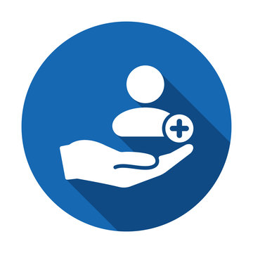 Patient icon. Customer icon with add, additional sign. Patient icon and new, plus, positive symbol. Vector icon