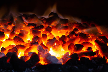 Abstract background of glowing coals in fireplace with fire flames. Burning flame background