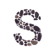 S Letter made of black beach stones isolated on white background