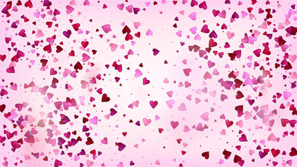 Flying Hearts Vector Confetti. Valentines Day Tender Pattern. Beautiful Pink Sparkles Valentines Day Decoration with Falling Down Hearts Confetti. Modern Gift, Birthday Card, Poster Background