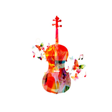 Colorful violoncello with music notes isolated vector illustration design. Music background. Music instrument poster with music notes, festival poster, live concert events, party flyer