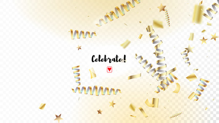Modern Luxury Confetti, Isolated Stars, Tinsel Falling. Cool Premium Christmas, New Year, Birthday Party Holiday Garland. Horizontal Stars Particles Background. Luxury Confetti, Isolated Gold