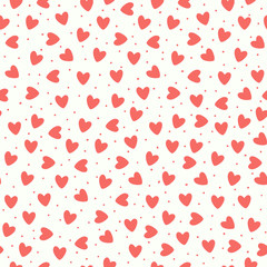 Seamless pattern with coral pink hand-drawn simple hearts on white background