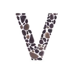 V Letter made of black beach stones isolated on white background