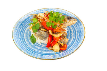Korean dish with grilled fish on a white background
