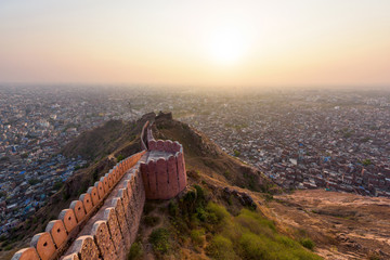Beautiful sunset view from Nahargarh Fort stands on the edge of the Aravalli Hills, overlooking the city of Jaipur in the Indian state of Rajasthan, India.
