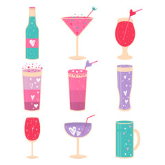 Lovely Valentines day gift card with different glasses of wine, sweet cocktail and hearts