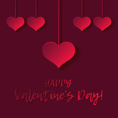 Decorative 3D red hearts on red background with shadow. Valentine's day. Vector illustration. Greeting card. Can be used for wallpaper, textile, invitation card, web page background.