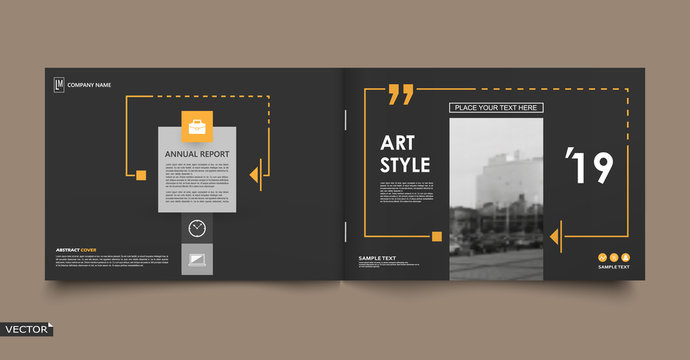 Abstract patch brochure cover design. Black info data banner frame. Techno title sheet model set. Modern vector front page art. Urban city blurb texture.Yellow citation figure icon. Ad flyer text font