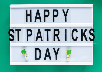 Lightbox with title Happy St Patricks Day on green background. Creative background to St. Patricks Day