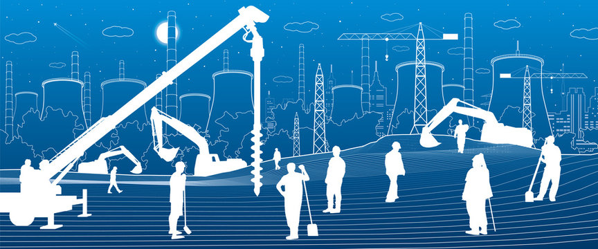 Construction plant. People working. Industry machinery, cranes and bulldozers. Infrastructure urban buildings illustration. Vector design art