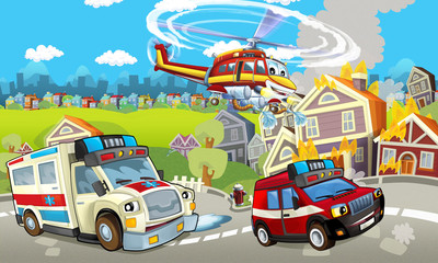 cartoon stage with different machines for firefighting and ambulance colorful and cheerful scene