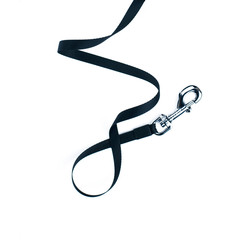 Black leash close up isolated. - obrazy, fototapety, plakaty