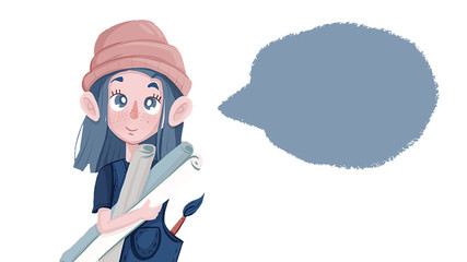 Little girl art student child with rolls in hand . Flat style illustration