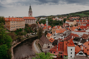 Aerial view over the old Town of Cesky Krumlov, Czech Republic.