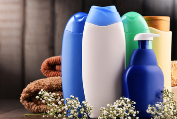 Plastic bottles of body care and beauty products