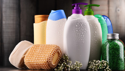 Plastic bottles of body care and beauty products