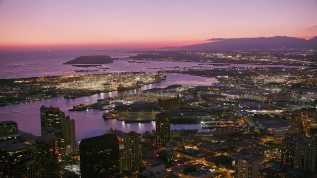 Aerial view of Honolulu Harbor at sunset