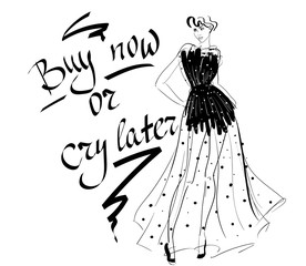 outline sketch of woman in long dress with lettering