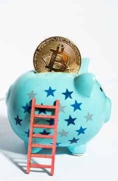 Blue piggy bank and ladder. Bitcoin coin on the piggy. Concept for bitcoin cripto money savings and success.