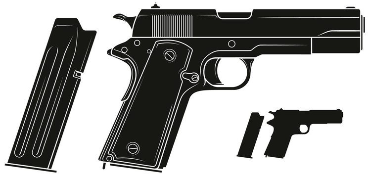 Graphic black and white detailed silhouette handgun pistol with ammo clip. Isolated on white background. Vector icon set. Vol. 2