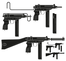 Graphic black and white detailed silhouette submachine gun with ammo clip and silencer. Isolated on white background. Vector icon set. Vol. 3