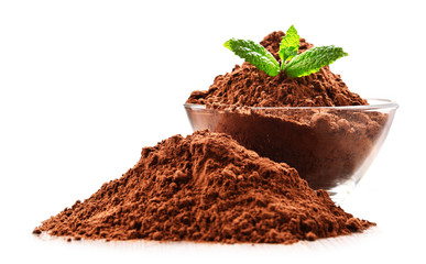 Composition with bowl of cocoa powder isolated on white