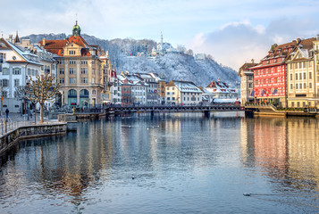 Lucerne city, Switzerland, snow white in winter time - obrazy, fototapety, plakaty