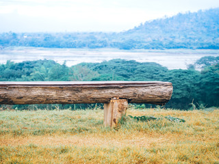 Bench from logs on grass for looking fog and natural with relax on holiday - Image