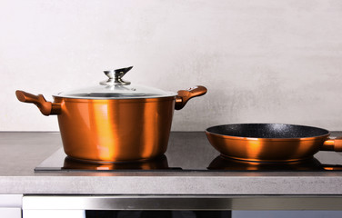 Frying pan and steel pot on modern induction cooktop