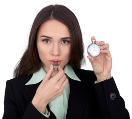 Young business woman in suit using clock and whistle isolated on