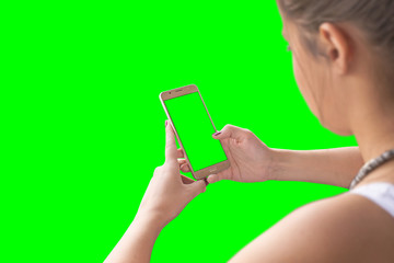 Girl use smart phone. Chroma key isolated.