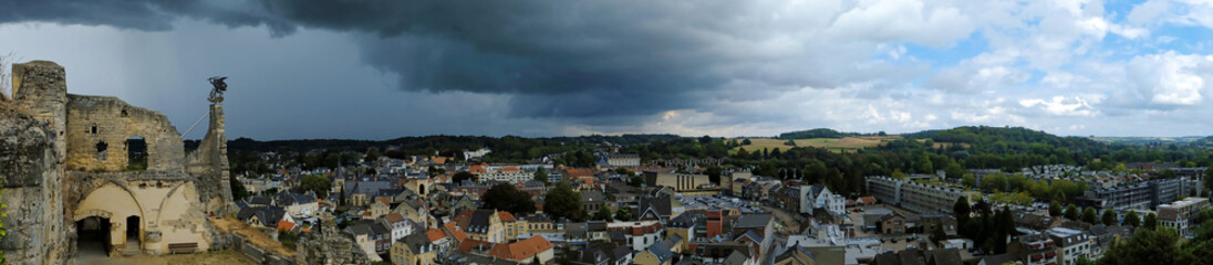 Fototapeta premium Panoramic view from Valkenburg Castle with dark clouds