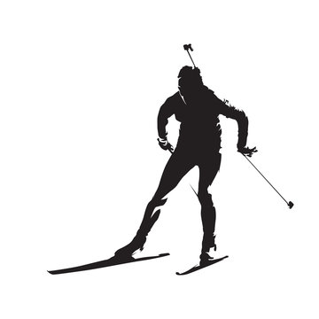 Biathlon racer, isolated vector silhouette, front view. Winter sport