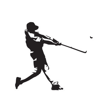 Baseball player hitting ball, batter,  isolated vector silhouette