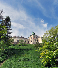 Fototapeta na wymiar Old beautiful medieval castle on the hill among the trees against the background of the blue sky