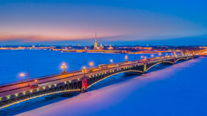 Saint Petersburg. Peter-Pavel's Fortress. Neva River. Panorama of St. Petersburg. Russia. Evening in St. Petersburg. Panorama of Russian cities. Ice on the Neva River. Winter. Bridges of Petersburg.