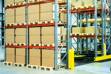 Shelving with boxes. Logistics. Responsible storage. Stock. Postage Shipment. Metal rack for...