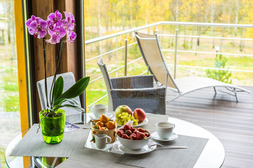 Country house. Cottage. View from the balcony to the forest. Terrace overlooking the autumn forest. Camping. On the table, tangerines, strawberries, grapes, apples. Breakfast on the veranda.