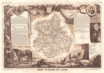 1852, Levasseur Map of the Department D'Eure Et Loir, France, Loire Wine Region