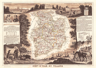 1852, Levasseur Map of the Department D'Ille Et Vilaine, France