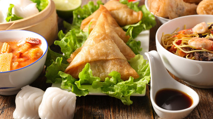 samosa, noodle soup and asia food