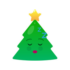 Relaxing christmas tree isolated emoticon. Dreaming green fir tree with decoration emoji. Merry Christmas and happy new year vector element. Napping face with facial expression. Winter holidays symbol