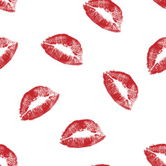 Vector woman sexy red lipstick kiss prints seamless pattern. Red kisses for romantic, wedding and valentine backgrounds