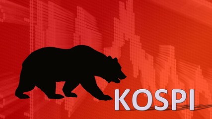 The Korea Composite Stock Price Index or KOSPI is falling. Behind the word KOSPI is a black bear silhouette looking down on a red descending chart in the background symbolizing a bearish stock market.