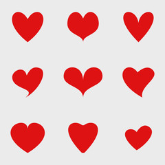Vector set of red isolated hearts icons. Valentine's day design elements